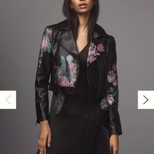 Anthropologie Black and Pink Leather Moto Jacket with Floral Design